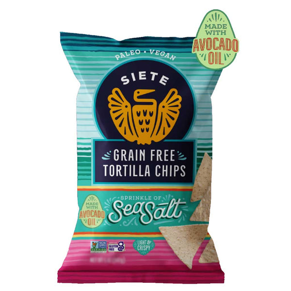 Siete grain free tortilla chips packaging with avocado oil and sea salt on a white background