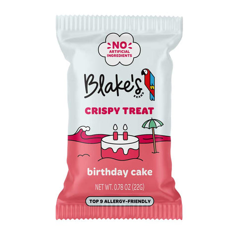 Blake's Crispy Treat packaging for birthday cake flavor on a white background