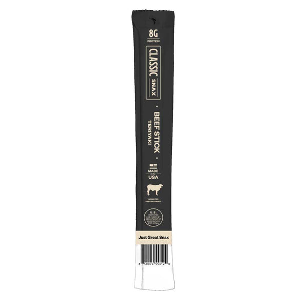 Black beef stick packaging with 'Classic Snax' branding on a white background