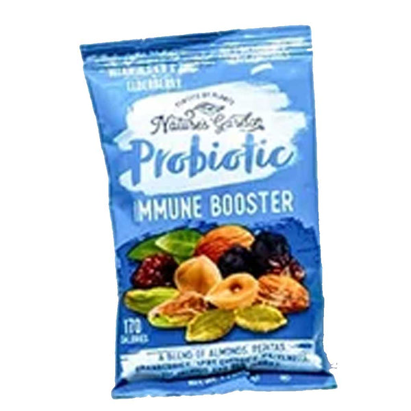 Blue package of Probiotic Immune Booster with fruit and nut imagery on a white background